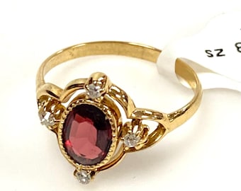 v638 Anillo vintage de oro amarillo de 14 k con granate ovalado y piedra preciosa blanca, talla 8,75