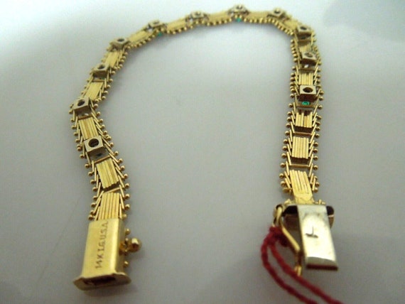 t087 14kt Yellow Gold Emerald Diamond Bracelet 7"… - image 4