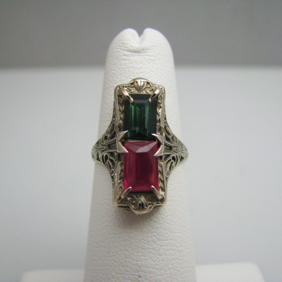 d839 Exquisite 14k White Gold Emerald & Ruby Fili… - image 1