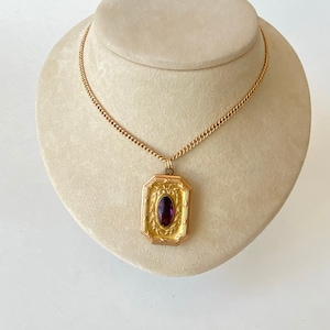 m165 Vintage Gold Filled Link Chain Necklace Purple Stone Locket Pendant 24&quot;