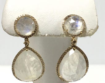 v669 Vintage 14k Moonstone White Stones Screw-back Drop Dangle Earrings
