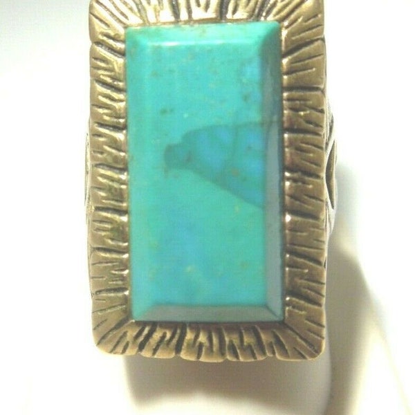 q437 Designer Studio Barse Bronze Turquoise Rectangle Textured Ring Size 8.75