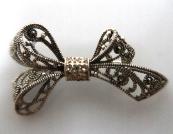 t437 Sterling Silver Marcasite Brooch filigree brooch bow brooch sterling filigree brooch, Marcasite bow brooch
