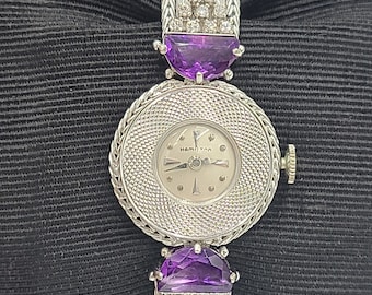 k799 Stunning Ladies Vintage 14kt White Gold Diamond and Amethyst Mechanical Wristwatch