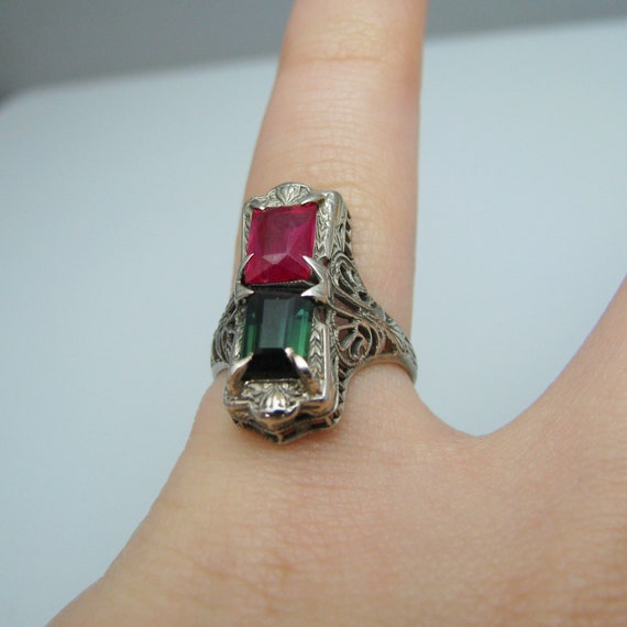 d839 Exquisite 14k White Gold Emerald & Ruby Fili… - image 6