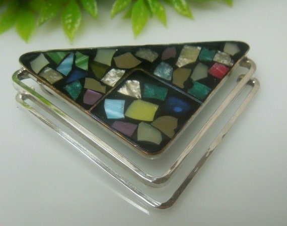 q521 Abalone Shell Sterling Silver Triangle Penda… - image 3