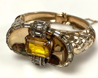 v471 Vintage Mazer Sterling Silver Massive 25mm Citrine 1940's Bracelet 7" Wrist