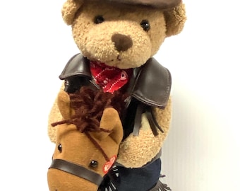 v054 Vintage Burton Plush Cowboy Bear With Stick Horse Stuffed Animal Toy Collectible