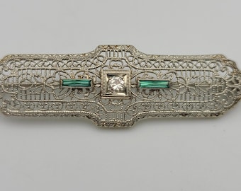 m674 Precioso broche vintage de diamantes y esmeraldas para dama en oro blanco de 10 kt