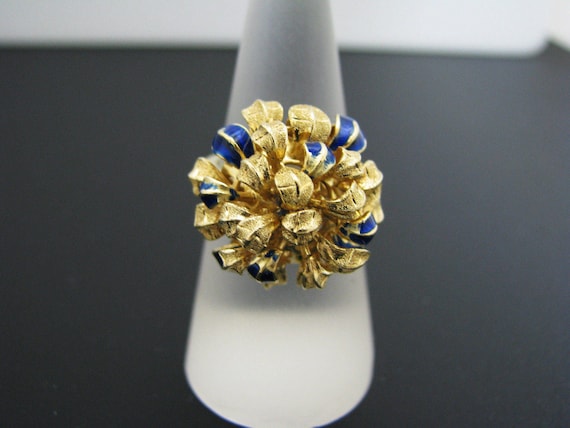 c495 Unique Chrysanthemum Ring with Blue Enamel i… - image 1