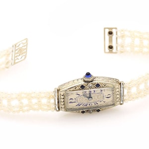 Antike massive 18k Weißgold Saphir & Diamant Uhr mit handgewebtem Saatperlenband