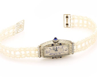 Antique Solid 18k White Gold Sapphire & Diamond Watch with Hand Woven Seed Pearl Band