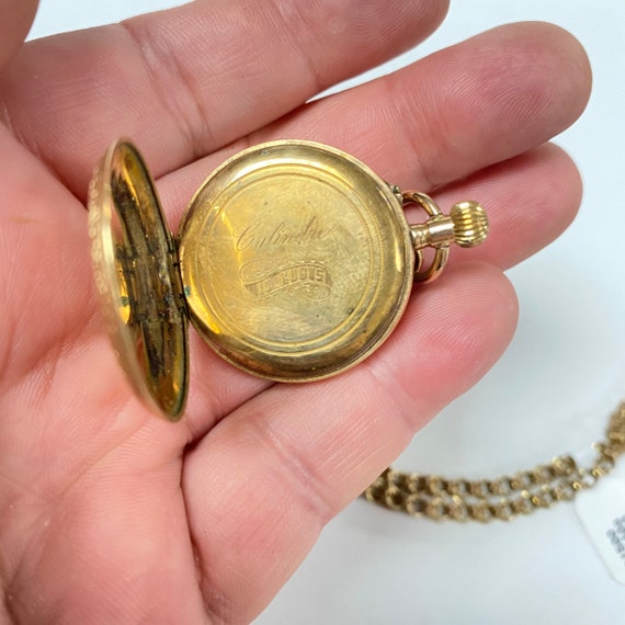 f564 Antique 14K YG Pocket Watch Hand Wind with 9… - image 2