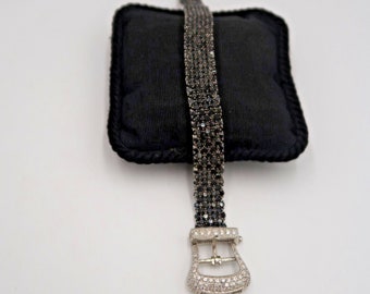 t590 Vintage 90s Belt Buckle Bracelet in Sterling Silver w Clear Zirconia Pavé Stones