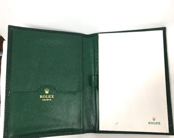 v621 Bloc de notas vintage original Rolex de cuero granulado verde, portadocumentos