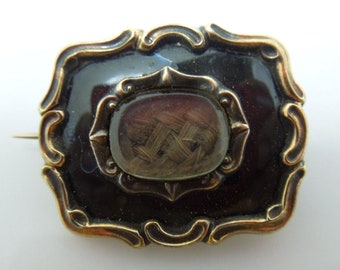 s979 14kt Yellow Gold Antique Victorian Black Onyx Braided Hair Mourning Brooch