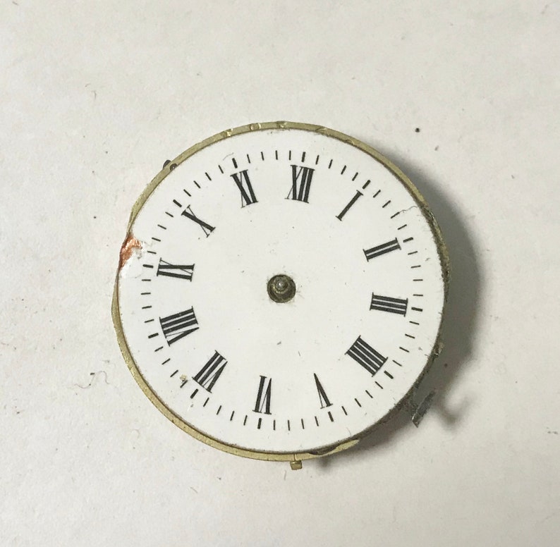 May include: White clock face with black Roman numeral hour markers and black minute markers. The clock face is surrounded by a gold-coloured metal rim.
