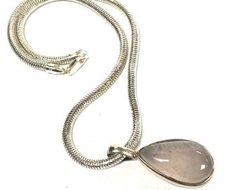 u557 Vintage Sterling Silver Milor Italy Snake Chain Necklace 18" Quartz Pendant