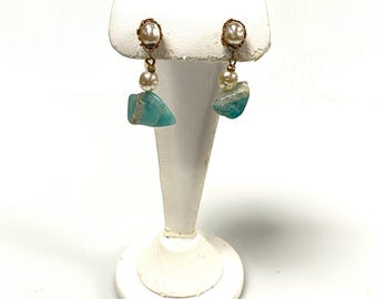 v601 Vintage Gold Tone Earrings with Fresh Water Pearl & Amazonite Gemstones