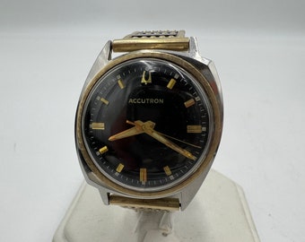 u074 Vintage Men's Bulova Accutron 10kt Gold Filled Bezel and Stunning Black Dial