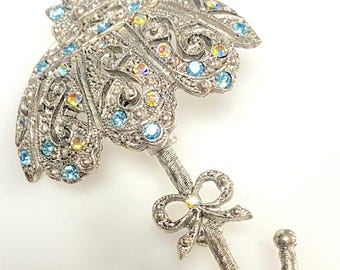 m747 Vintage 1950's Silver-tone Umbrella Parasol Brooch Pin Pavé Crystals Stones