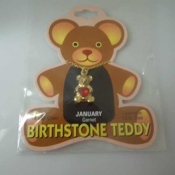 q634 JANUARY Teddy Bear Birthstone Pendant Necklace 18" Gold Plated NEW in Package