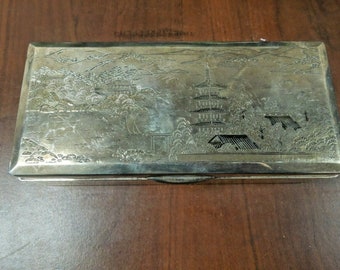 r137 Antique Sterling Silver 970 Trinket Box Etched Chinese Pagoda Signed