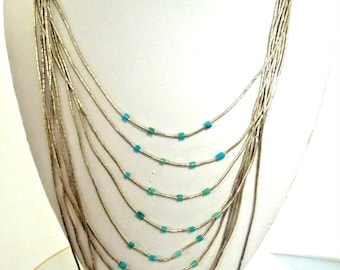 r992 Vintage Sterling Silver Liquid and Turquoise beads Waterfall Multi Strand Necklace 24"