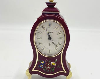 u712 UHREX Burgundy Floral Hand Painted Table Mantel Shelf Musical Clock