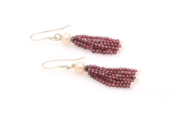 Sterling Silver Garnet Pearl Tassel Earrings