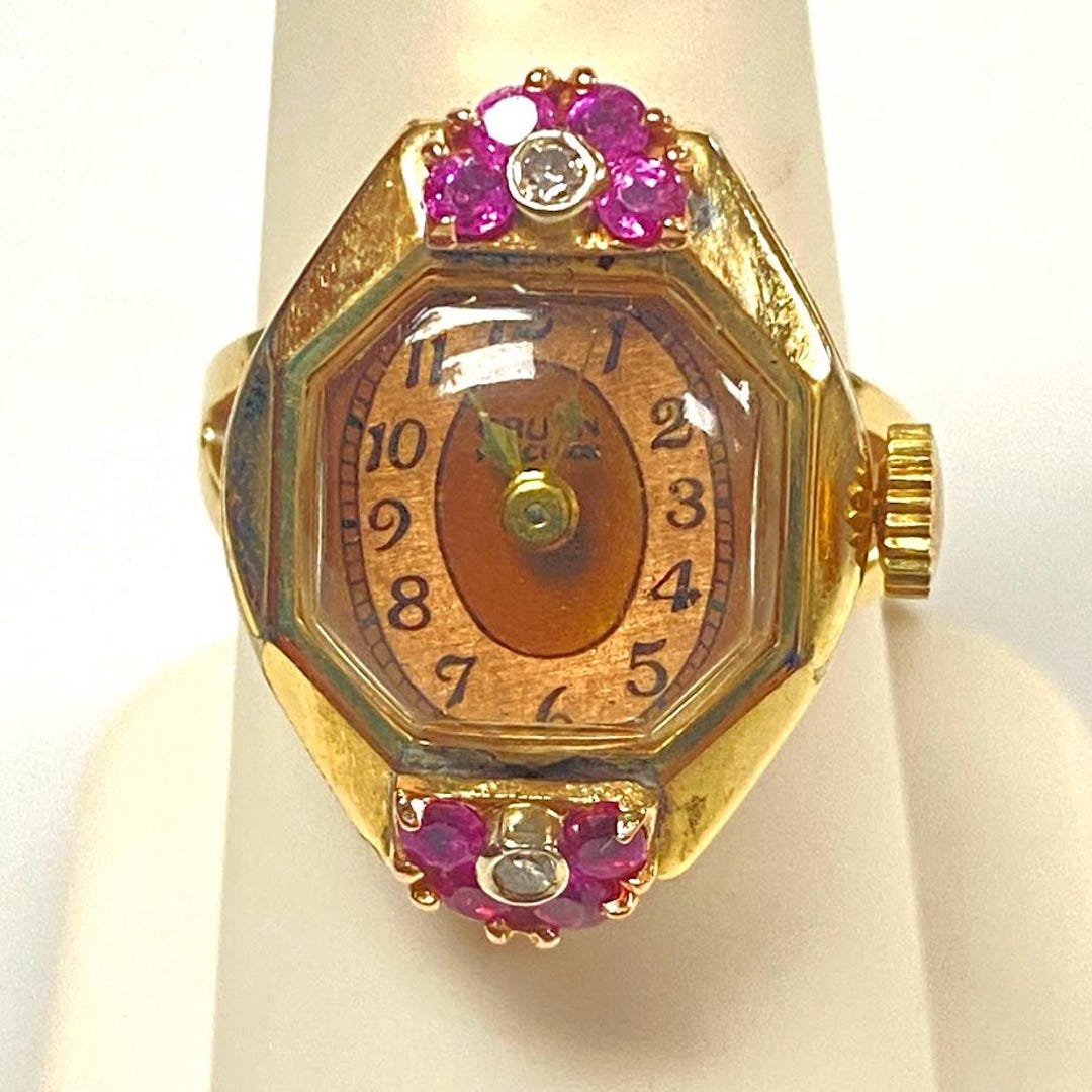 V392 Vintage 10K Yellow Gold Pink Ruby & Diamonds Mechanical Watch