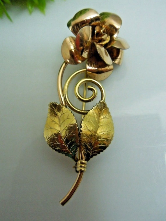 q225 Vintage Krementz Rose & Yellow Gold Tone Rose