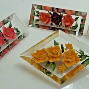 s636 Set of 3 Brooches and 1 Earrings Pretty Flower Lucite Brooch and Earrings Set Vintage 1950s Screw Back Earrings