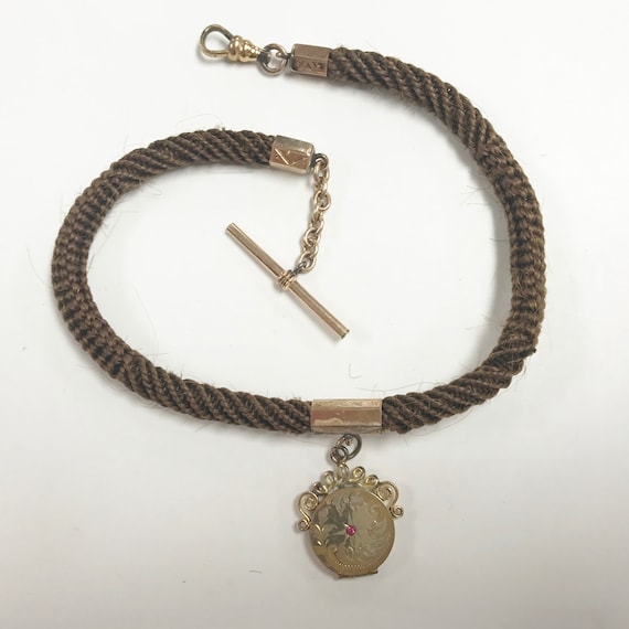 E496 Victorian Era Woven Hair Vest Pocket Watch Chain Gold  display picture 3