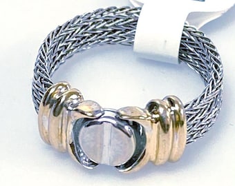 v050 Vintage 14K White Yellow Gold Flexible Mesh Chain Band Ring Size 7.5