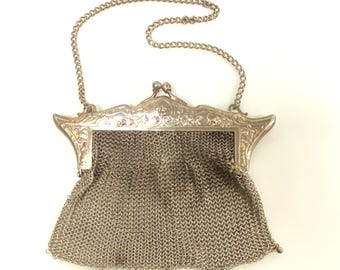 m855 Antique German Silver Mesh Purse Victorian & Edwardian Eras Circa 1890–1920