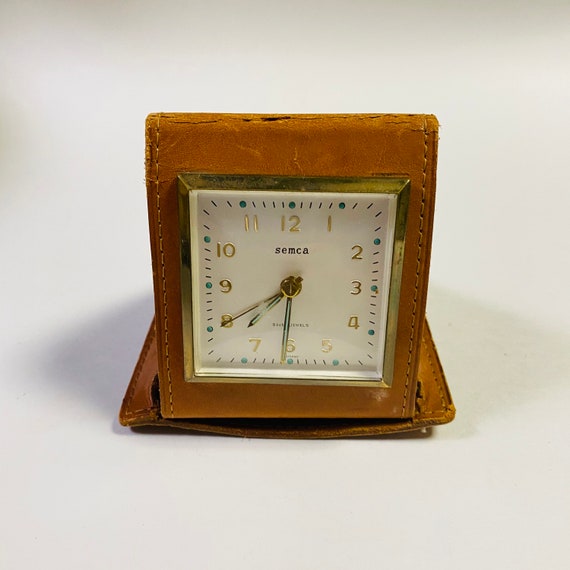 F488 Vintage Semca Germany Travel Folding Alarm Clock Leather Case