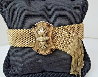 s987 1870'S Antique Victorian Mesh Bracelets in 10kt Yellow Gold Slide Bracelet with Tassel