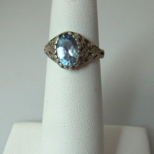 s932 Vintage Art Deco Sterling Silver Blue Zircon Ring Size 3.75