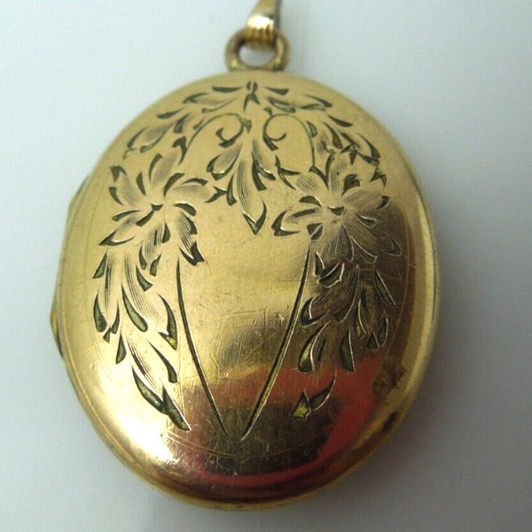 s895 Vintage Gold Filled Oval Cabochon Floral Etched Locket Pendant