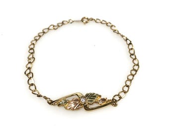 v649 Pulsera vintage de oro amarillo de 14 k con eslabones y diamantes, 19 cm de largo, hojas bicolor