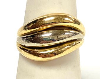 v668 Vintage 14k Two-tone Yellow White Gold Domed Cigar Multi-band Ring Sz 5.25