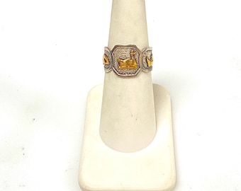 m938 Vintage Sterling Silver 18K Gold Adjustable Bypass Style Band Ring Size 6.5