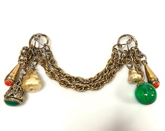 v509 Vintage Adele Simpson Gold-Tone Chatelaine Baroque Double Brooch Dangling Charms