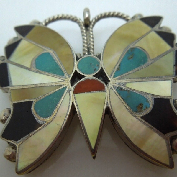 s574 Exceptionally Fine Zuni Rosita Wallace Butterfly Pin Mosaic Inlay mid-Century Sterling Silver