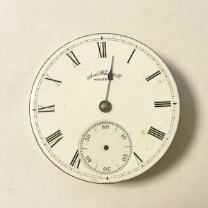 May include: A white pocket watch with Roman numeral hour markers and a smaller, concentric circle with minute markers. The watch face has the text "Am. Watch Co. WALTHAM" printed on it.