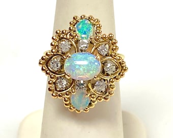 Anillo vintage v633 de oro amarillo de 14 k con ópalo azul y diamantes de 0,40 cts, talla 6