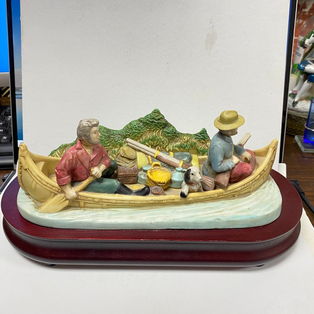 M052 Vintage Men and a Dog Swimming Boat Musical Box Plays "oh Susanne ...
