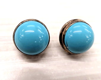 t613 Turquoise Colored Round Cabochon Sterling Silver Stud Chic Cocktail Earrings