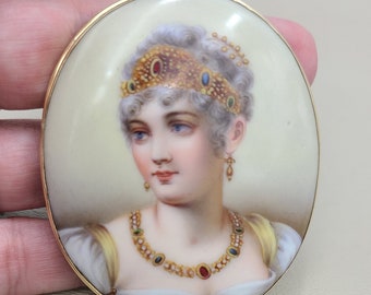 k935 Stunning Hand Painted Lady set in 14kt Yellow Gold Bezel Pin or Pendant